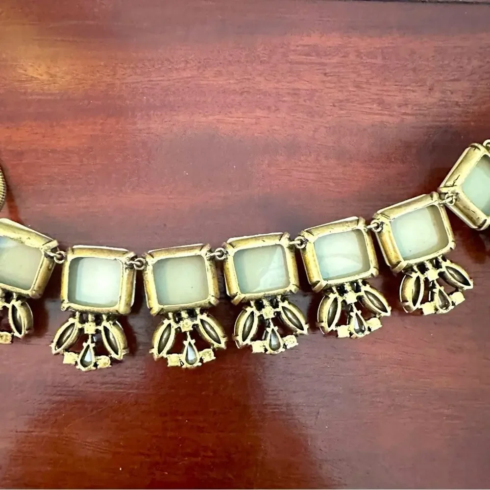 J Crew Necklace Statement Brass Square Stones Gray Neutral Earth tone CZ Chunky